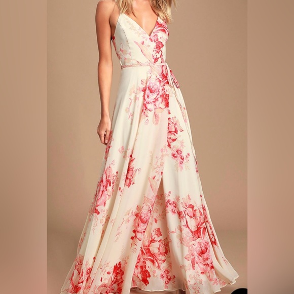 Lulus: Cream and Coral Floral Print Wrap Maxi Dress - Picture 1 of 9